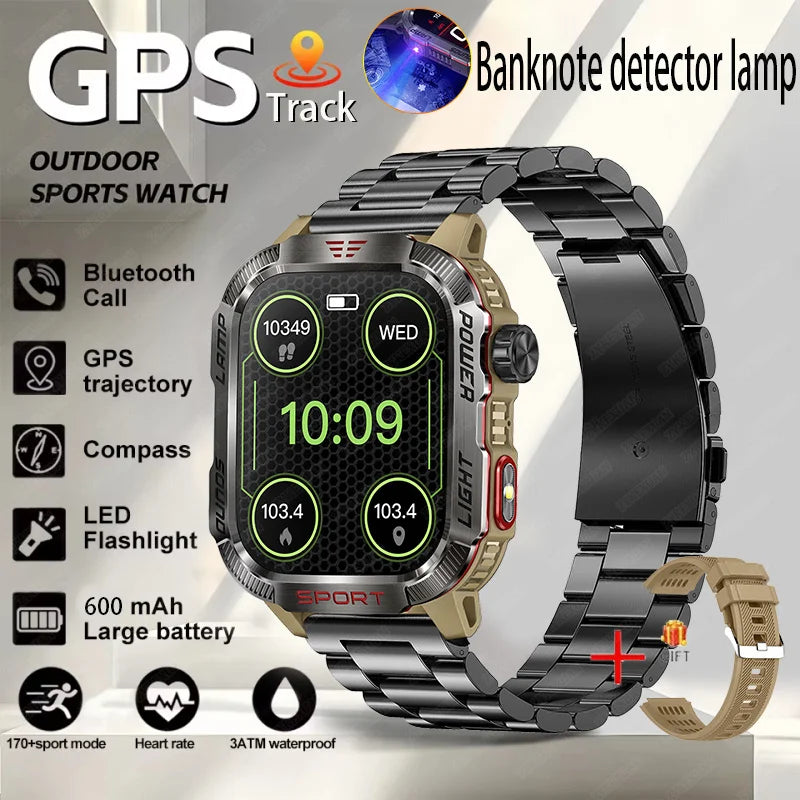 2026 Military GPS Smart Watch Money Detector Light Compass Waterproof Outdoor Sport Tracker Bluetooth Call Watch with Flashlight