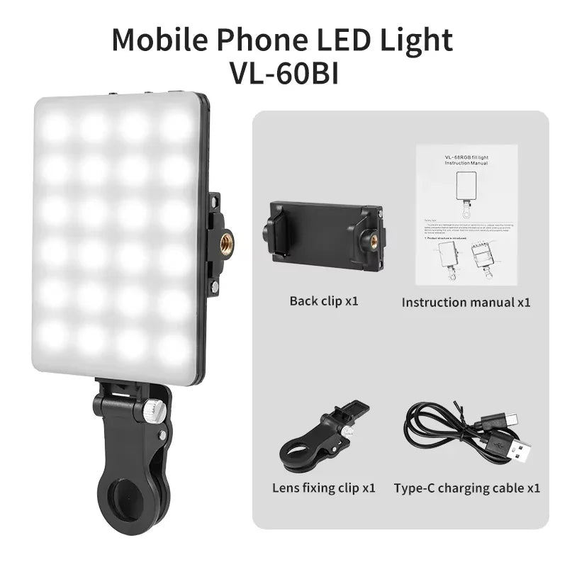 Mini RGB LED Fill Light Portable Pocket Clip Lamp USB Rechargeable for iPhone Android iPad Laptop Video Vlog Live Photography