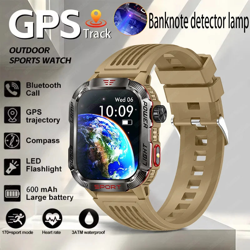 2026 Military GPS Smart Watch Money Detector Light Compass Waterproof Outdoor Sport Tracker Bluetooth Call Watch with Flashlight
